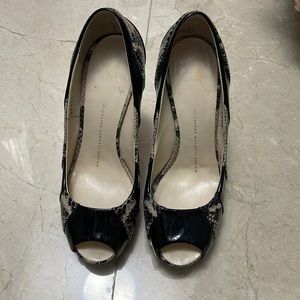 Giuseppe Zanotti Snakeskin and Patent Leather Peep Toe Pumps